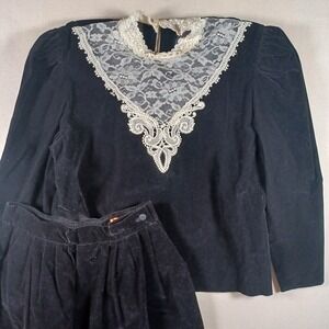 My Michelle Vintage Black Velvet Victorian Lace Bib Skirt Set Goth Dark Academia